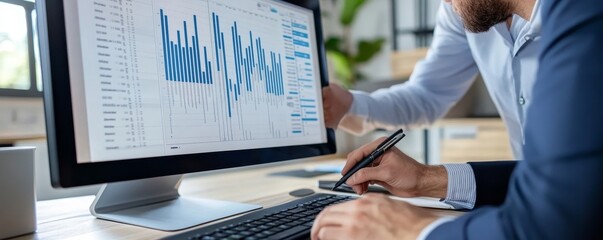 Two Businesspeople Analyzing Gantt Chart On Computer, Generative AI