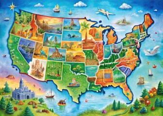 Naklejka premium Detailed Graphic Map of the United States Featuring States, Capitals, and Geographic Landmarks