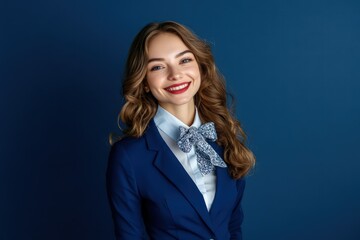 photo of a beautiful smiling hostess girl in a blue and white full-length suit. isolated on a dark blue background