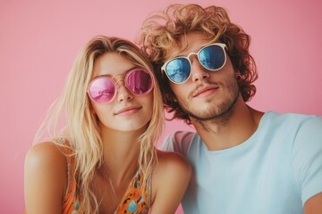 Portrait of two creative young couple wearing sunglasses and posing with flash, Generative AI