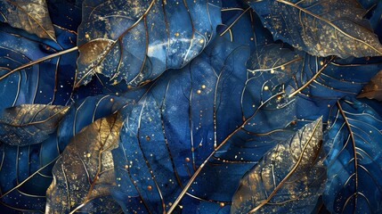 Golden Blue Elegance Stunning Closeup of Intricate Leaf Pattern with Vibrant Colors and Textures
