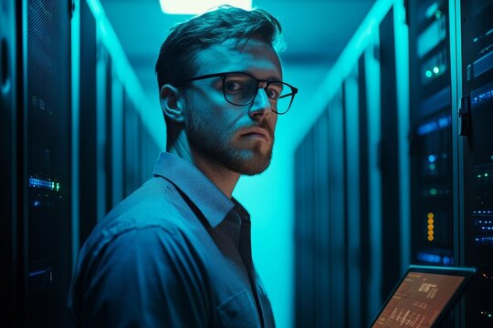 Portrait of modern young man holding laptop standing in server room working with supercomputer in blue light, Generative AI