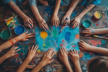 Top view of childrens drawings on table in art class with group of people painting and teachers hands, Generative AI
