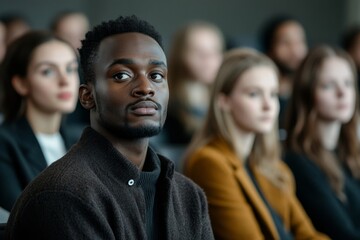 Fototapeta premium Group of serious intercultural employees looking at speaker making report or presentation and listening to him while sitting in lecture hall, Generative AI