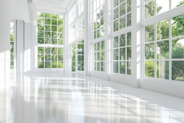 Fototapeta premium A large, empty room with three windows and white walls, generative ai image