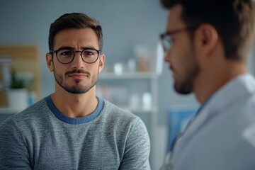 Obraz premium Side view of Middle Eastern man patient in glasses complaining of shoulder pains during visit with defocused male doctor in clinic, Generative AI