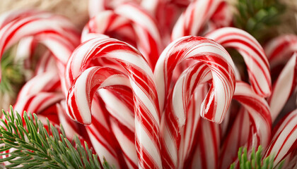 Fototapeta premium Candy canes, Christmas decoration on blurred background. Winter holiday season.