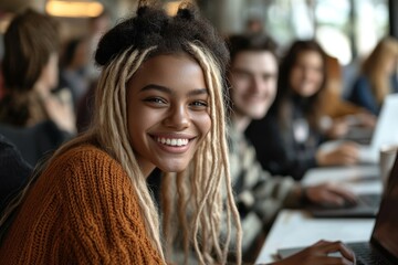 Diverse group of creative young people sitting in row while working in office focus on black young woman using laptop, Generative AI