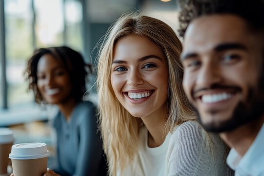 Multi-ethnic group of business people smiling cheerfully while chatting during coffee break in office, copy space, Generative AI