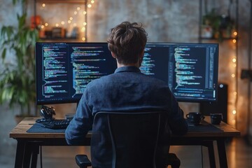 Rear view of young modern businesswoman pulling suitcase and texting in mobile phone while moving along columns of architecture to airport, Generative AI