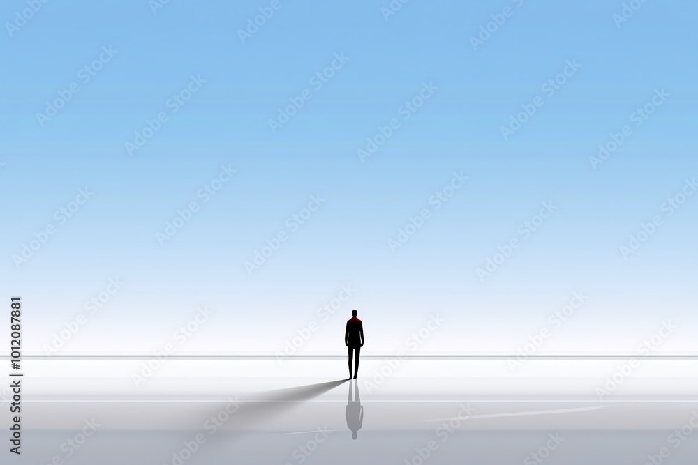 Poster Minimalist illustration of a figure standing alone in a vast, empty space, with clean lines and muted tones representing the isolation of nihilism