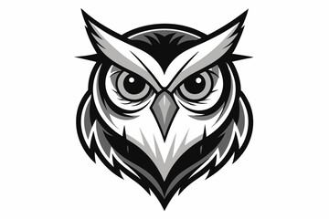 Minimalistic vector of an owl face with bold, clean lines. The owl features large expressive eyes, sharp pointed ears, and a symmetrical, stylized design. owl head silhouette vector illustration