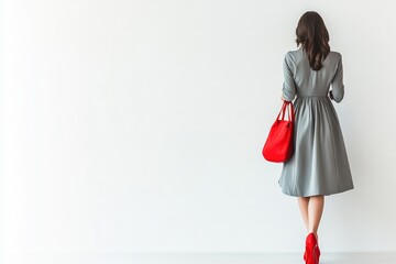 photo of stylish grey dress and a leather red bag, red shoes dressed beautiful woman in full height white background