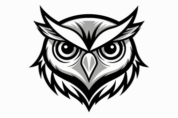 Minimalistic vector of an owl face with bold, clean lines. The owl features large expressive eyes, sharp pointed ears, and a symmetrical, stylized design. owl head silhouette vector illustration