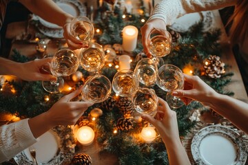 Top view background of people raising glasses over festive dinner table while celebrating Christmas with friends and family, copy space, Generative AI