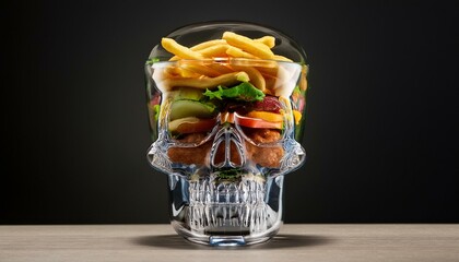 caveira de vidro transparente preenchida com itens de fast food, conceito saúde