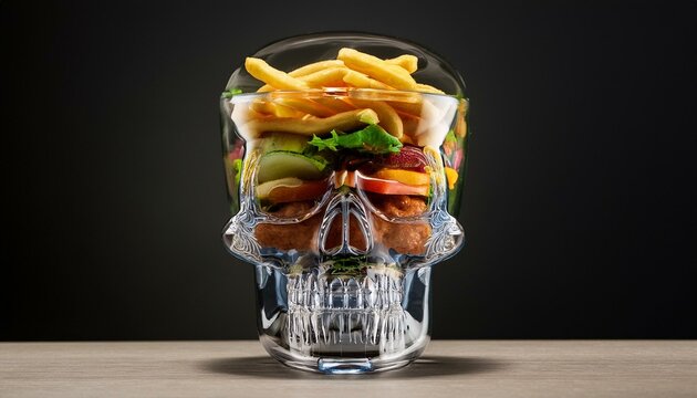 caveira de vidro transparente preenchida com itens de fast food, conceito sa&uacute;de