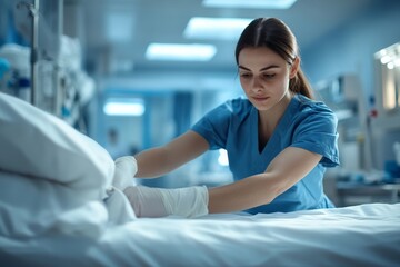 Nurse in uniform making bed with clean bedsheet preparing it for patient in hospital ward, Generative AI
