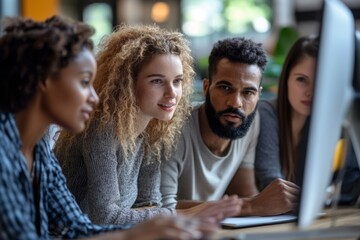 Obraz premium Diverse business team listening to man on computer screen during online meeting in office, Generative AI