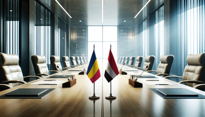 A modern conference room with Chad and Egypt flags on a long table, symbolizing a bilateral meeting or diplomatic discussions between the two nations.
