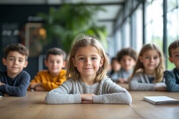 Obraz premium Diverse group of children studying together at table in modern school, copy space, Generative AI