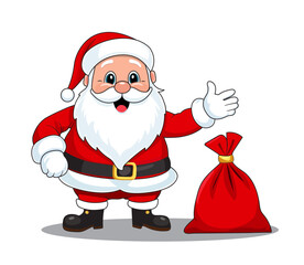 Cute Santa Claus with a bag of gifts isolated on a white background. Vector illustration.