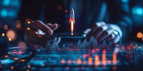 Man hand with phone, stock market graph with rocket. Ai illustration, Generative AI