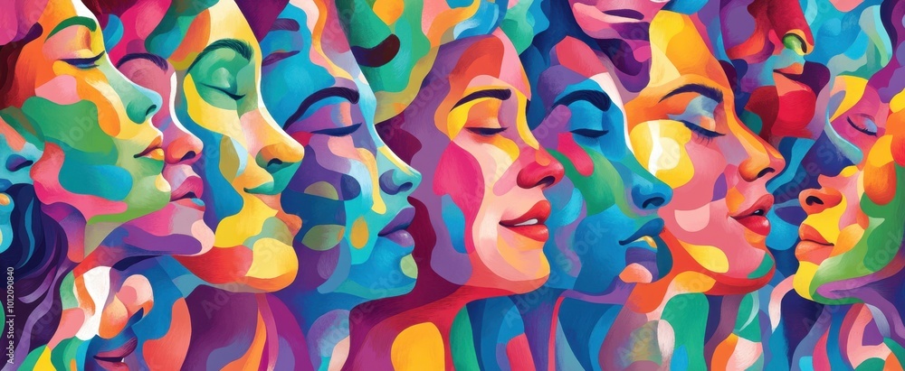 Aufkleber a vibrant and colorful illustration of multiple faces in various shades, arranged on top of each oth