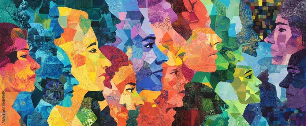 Aufkleber a vibrant, colorful collage of faces in various sizes and shapes arranged side by side, creating an 