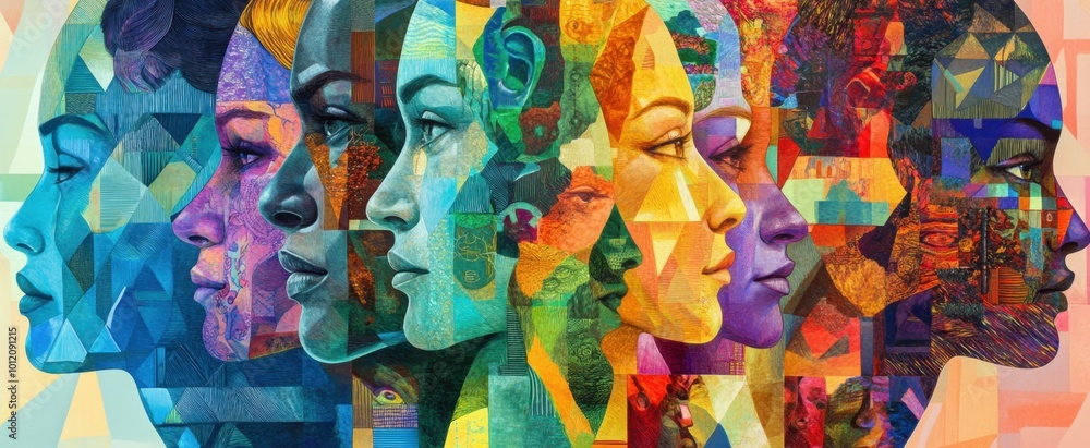 Aufkleber a vibrant, colorful collage of faces in various sizes and shapes arranged side by side, creating an 