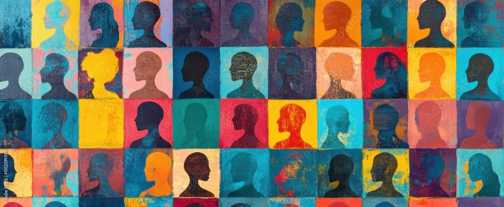 Poster a vibrant and colorful pattern of squares filled with abstract shapes, representing the diverse face