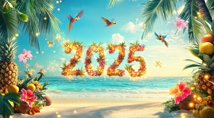 A vibrant tropical New Years 2025 celebration, with the numbers "2025" formed from tropical flowers and vines. 