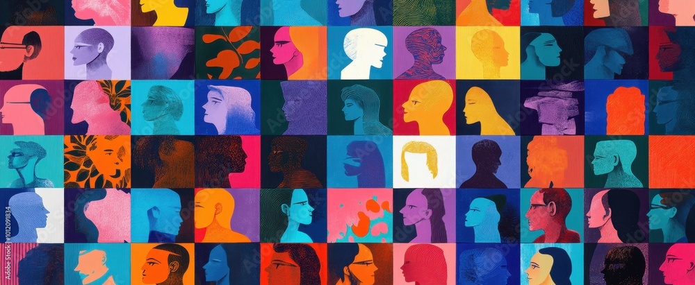 Poster a vibrant, multicolored grid of squares filled with abstract human shapes and faces in various sizes