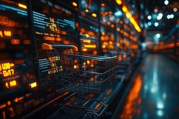 A shopping cart sits in an aisle with glowing screens in the background.