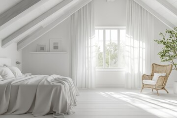 White bedroom interior with armchair, Generative AI