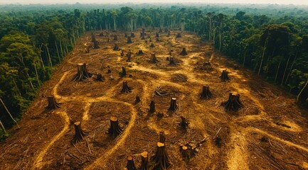 Naklejka premium Aerial view of a vast deforested area, with stumps contrasting against the surrounding lush forest