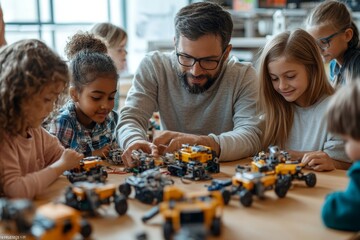 Fototapeta premium High angle view at diverse group of kids building robots during engineering class at school with male teacher helping, Generative AI