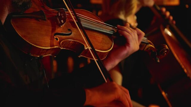 The violinist performs in warm, diffused lighting. Close-up of the violin body, movements of the bow on the strings and the musician's hand. Passion and mastery of classical music