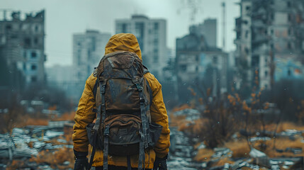 Urban Explorer in Abandoned Cityscape