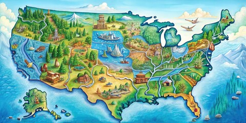 Detailed Map of America Featuring States, Major Cities, Rivers, and Natural Landmarks for Reference