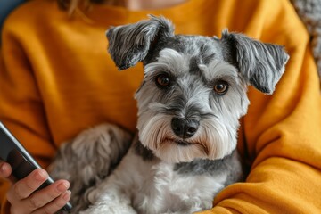 Close up of salt-and-pepper standard schnauzer and female dog owne using phone wearing orange sweatshirt and waiting for appointment in veterinary waiting room, copy, Generative AI
