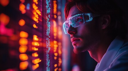 A young man wearing safety glasses stares intently at a screen displaying a stream of data. The screen is filled with colorful lights and numbers.