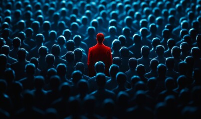 A red silhouette of a person standing out in a crowd of blue silhouettes, representing a leader being different from others. Generative AI