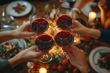 High angle closeup of friends toasting with red wine glasses while celebrating at dinner table, shot with flash, Generative AI