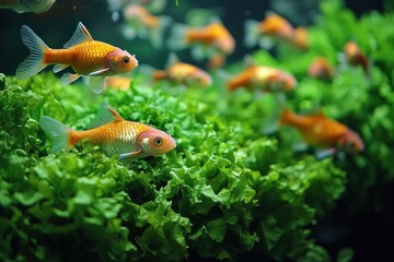A school of goldfish swimming among green lettuce in an aquarium tank.