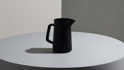 This minimalist still life features a matte black pitcher standing on a light grey surface, creating a striking visual contrast that draws the viewer’s attention. 