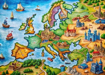 Detailed Map of Europe During the Middle Ages Featuring Kingdoms, Regions, and Historical Landmarks