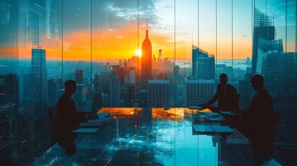 Silhouettes of business people who are working with documents. Panoramic New York city view with downtown skyscrapers. Law firm and corporate lifestyle concept. Double, Generative AI