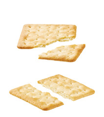 Broken square water crackers isolated on white background.