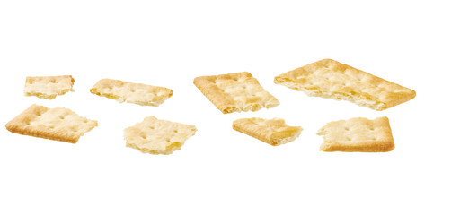 Broken square water crackers isolated on white background.